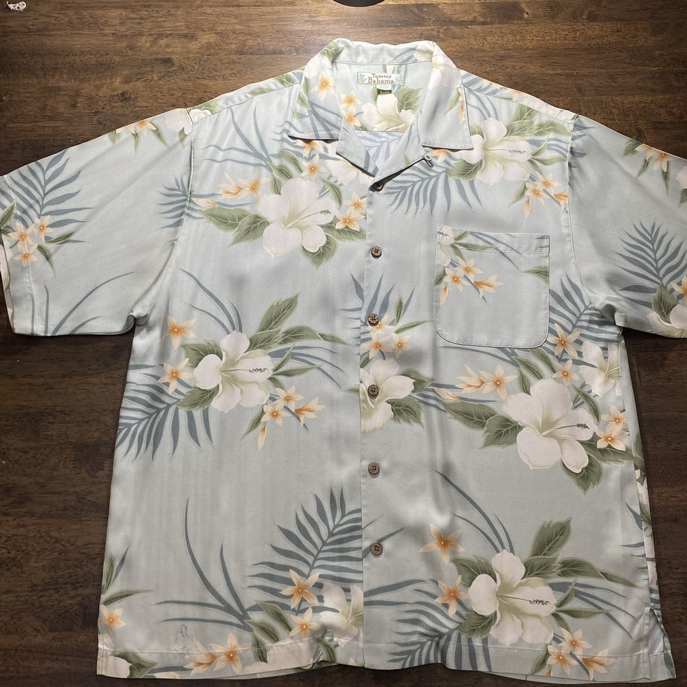 Tommy Bahama Coastal Hawaiian Button Up Shirt Tan and Green Large L 100% Silk